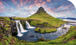 Waterfalls amongst green fields and hills.