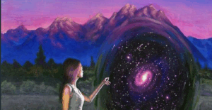 Art by Oleysa Umantsiva showing a woman in a lavender coloured landscape touching a portal opening into the universe.