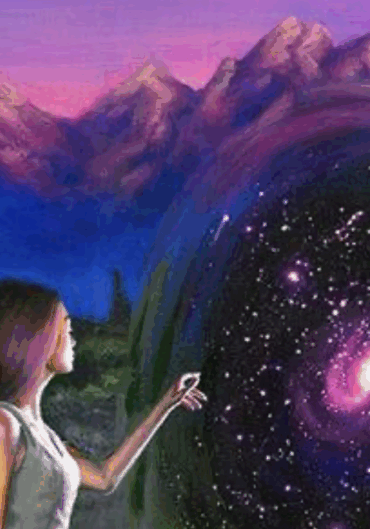 Art-by-Oleysa-Umantsiva Art by Oleysa Umantsiva showing a woman in a lavender coloured landscape touching a portal opening into the universe.