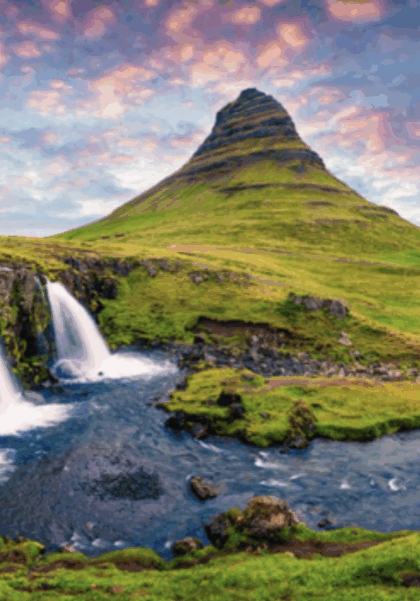 Waterfalls amongst green fields and hills.